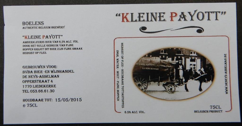 Bieretiket Kleine Payott Brouwerij Boelens (12b6), Ophalen of Verzenden, Nieuw