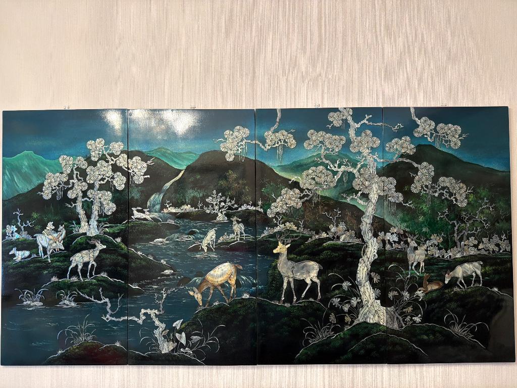 tableau Quadriptique laqué nacre paysage vietnamien, Enlèvement ou Envoi