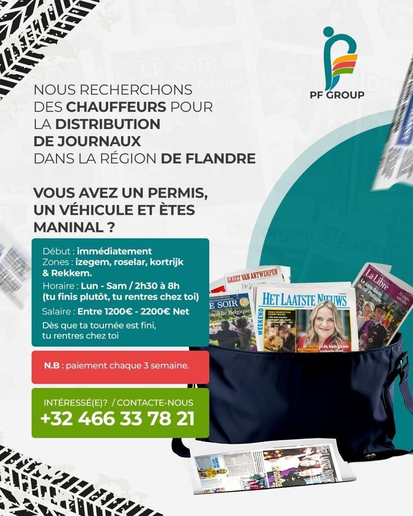 Des chauffeurs pour distribution journaux, Horaire variable, Premier Emploi, Autres formes, Convient comme travail d'appoint