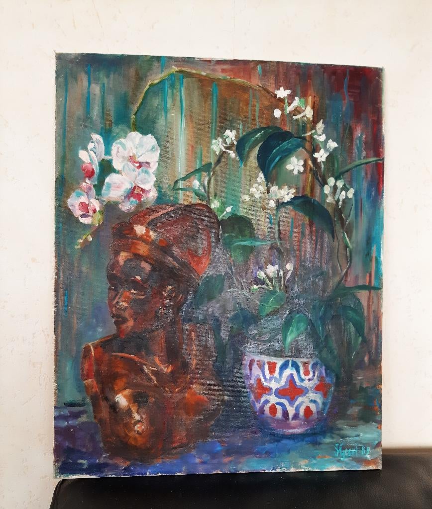 Schilderij Afrikaans? Stilleven met Orchidee-Vaas-Beeld, Enlèvement