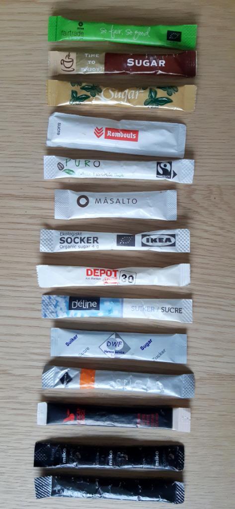 14 verschillende suikerzakjes / verpakking fijne suiker = €3, Verzamelen, Ophalen of Verzenden