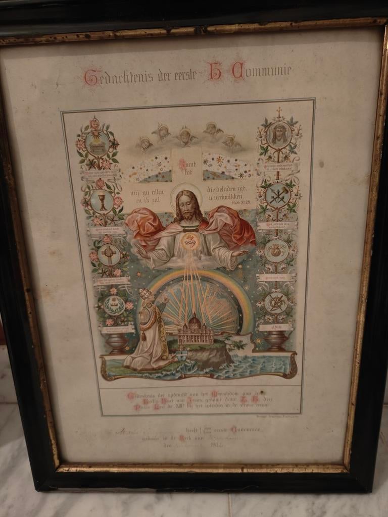 Kader met prent communie., Antiek en Kunst, Ophalen