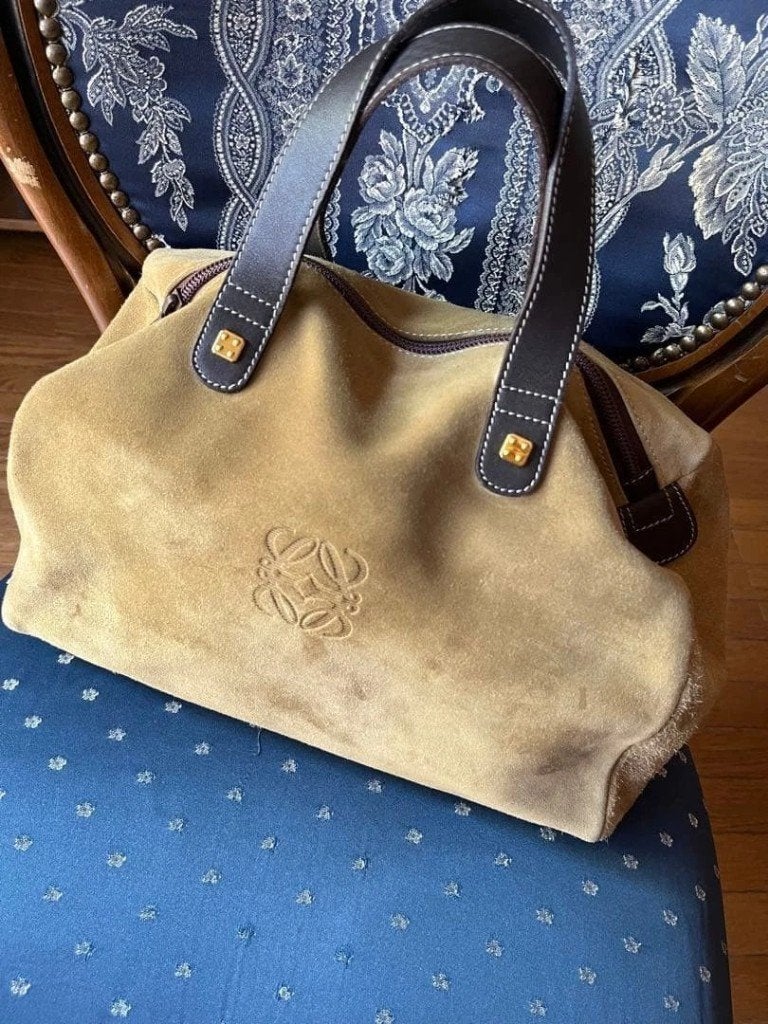 LOEWE Beige suède Boston Handtas Vintage Authentiek Leer, Ophalen of Verzenden, Gebruikt, Beige, Schoudertasje