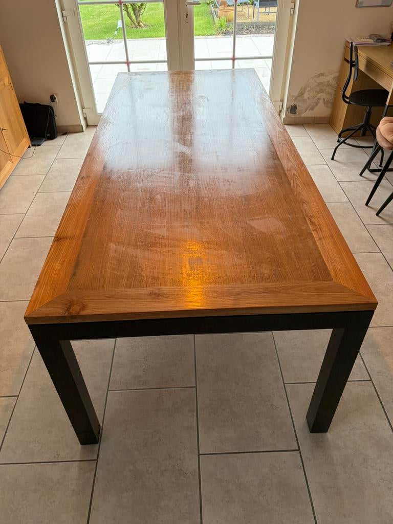Grote tafel en bar/boekenkast in teak hout, Ophalen, Zo goed als nieuw, Teak, 6 tot 8 stoelen