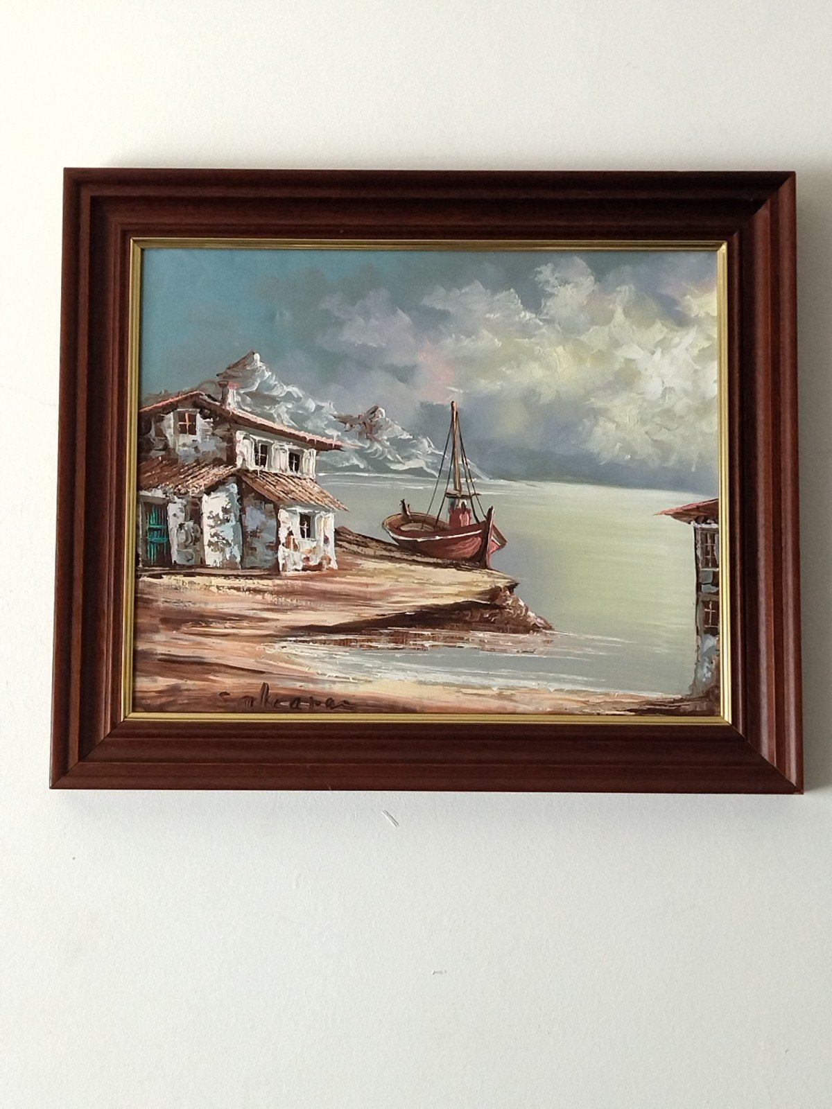 Peinture huile vintage Marine 50x43cm. année 70/80, Antiquités & Art, Enlèvement ou Envoi, Peinture à l'huile, Signé, Toile