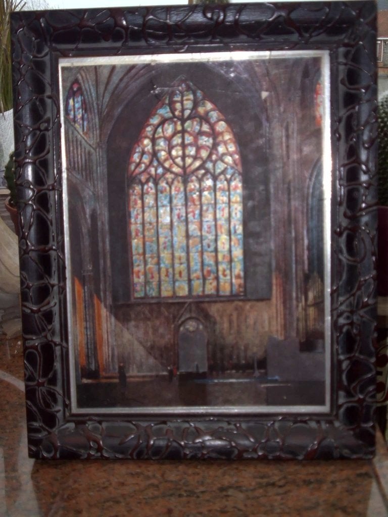 aluminium ets ingekleurd glasraam kerk, Ingelijst, Ets, Religie, Ophalen of Verzenden
