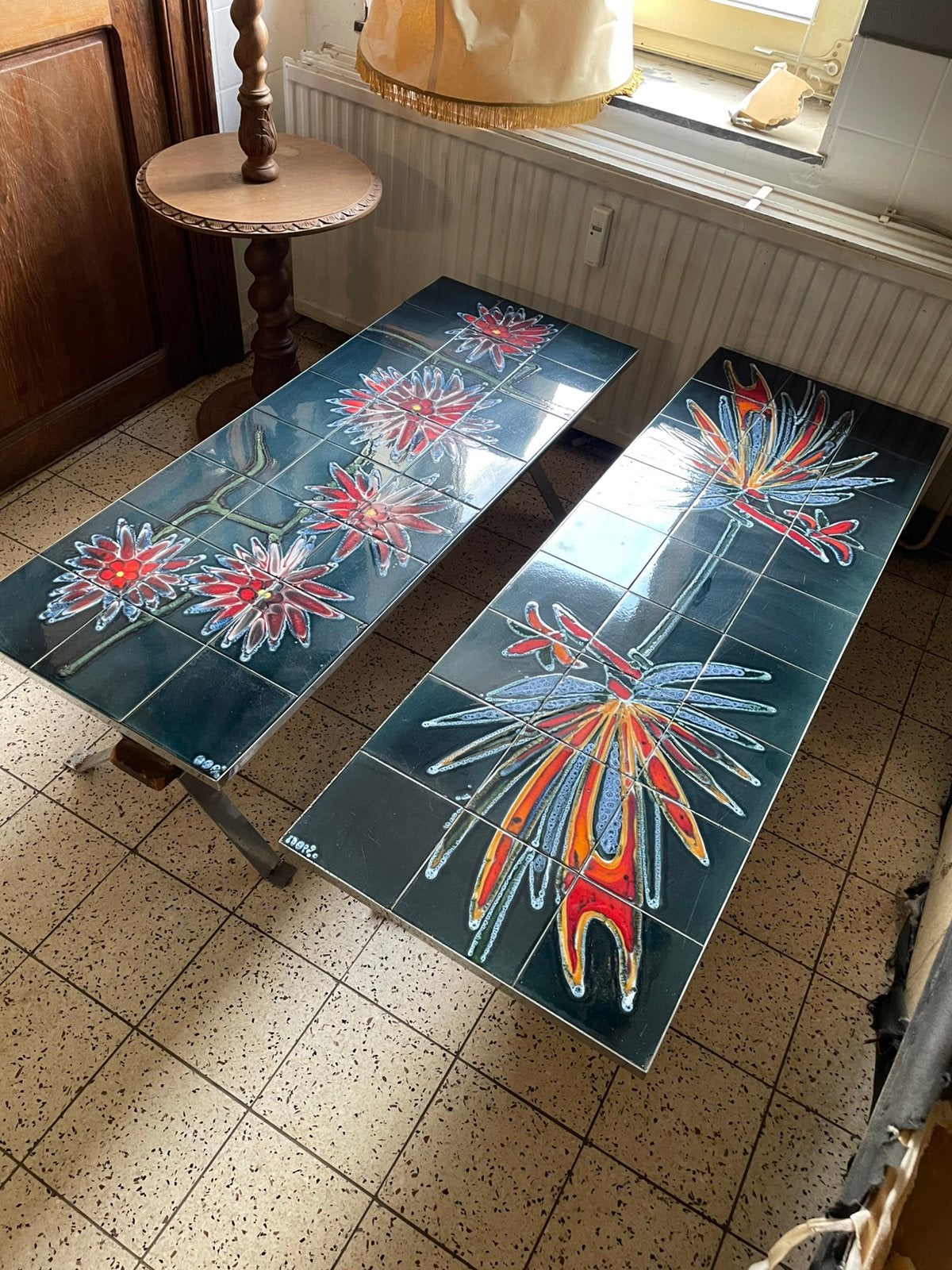Paire de tables basses céramique signées ADRI Belgique 60,S, Ophalen
