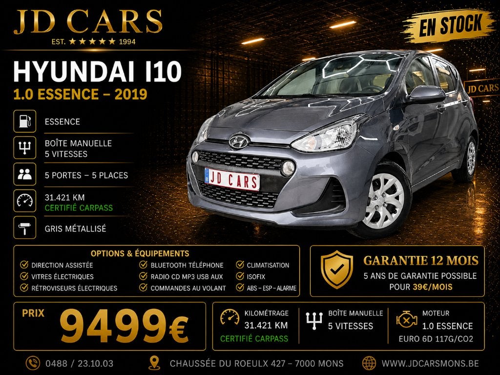 HYUNDAI I10 1.0 ESSENCE 31MKM ‼️GARANTIE 1 AN CTOK‼️, Autos, Hyundai, Argent ou Gris, Achat, 998 cm³, Garantie prolongée
