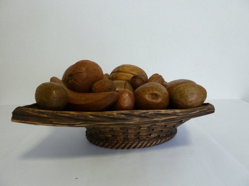 Houten schaal met fruit , héél mooi gesculptuurd 31cm, Antiek en Kunst, Overige onderwerpen, Houtsnijwerk, Ophalen of Verzenden