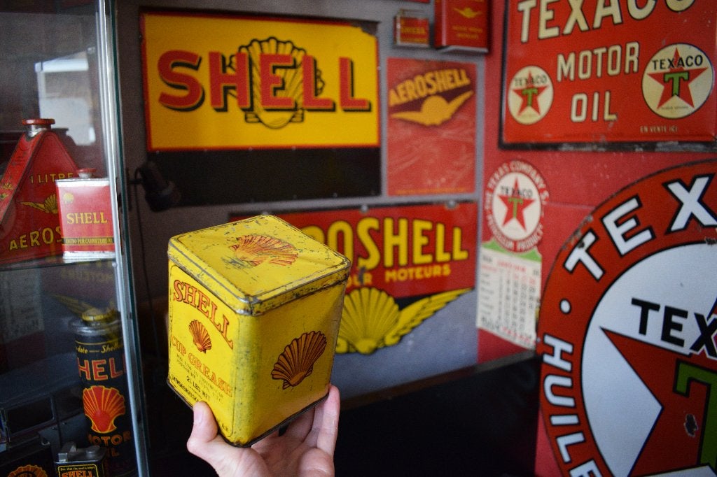 Zeldzame vet pot shell 1930 olie blik, Ophalen of Verzenden, Gebruikt, Reclamebord