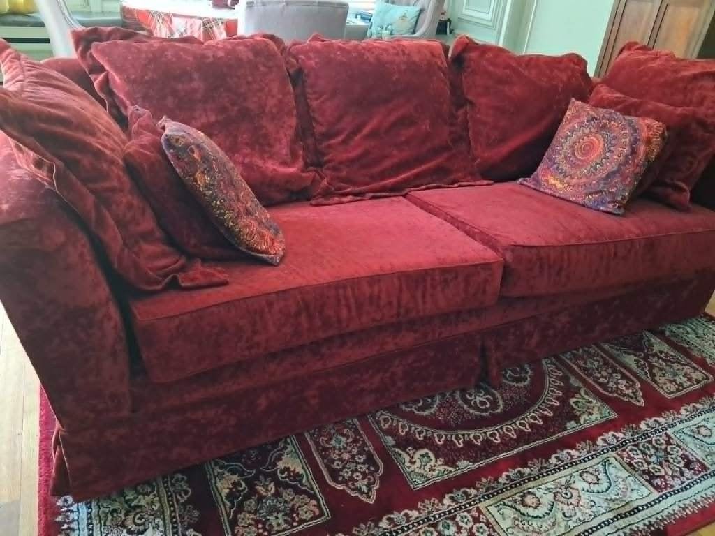 driezit rood fluweel met zachte kussens, Ophalen, 75 tot 100 cm, Zo goed als nieuw, Rechte bank