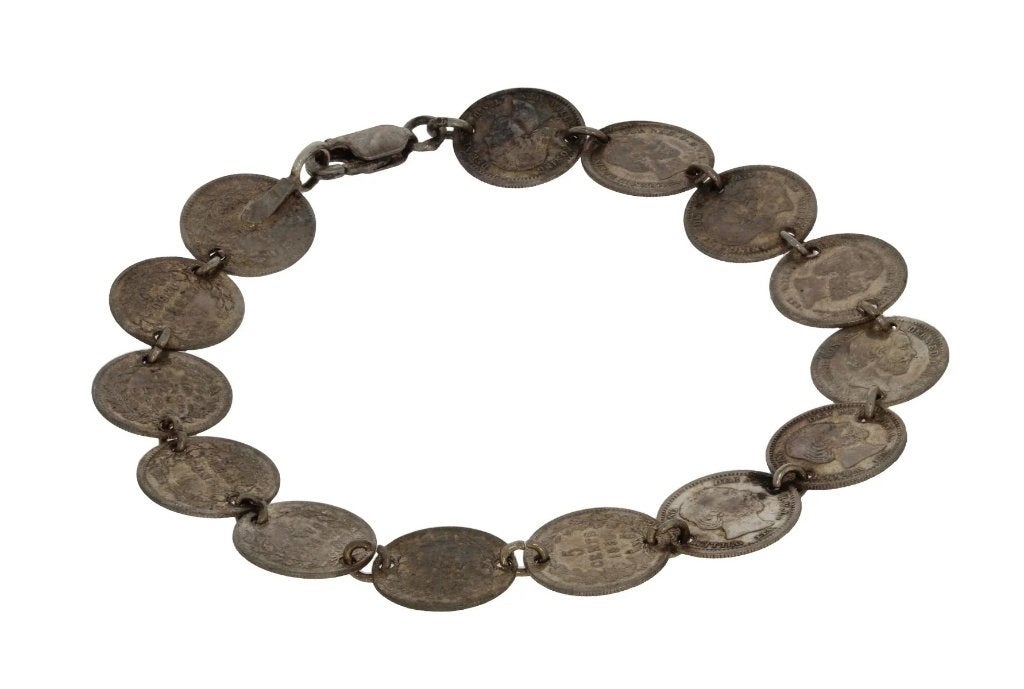 Zilveren antieke armband met 14 stuks Willem III stuivers, Ophalen of Verzenden, Armband, Met edelsteen