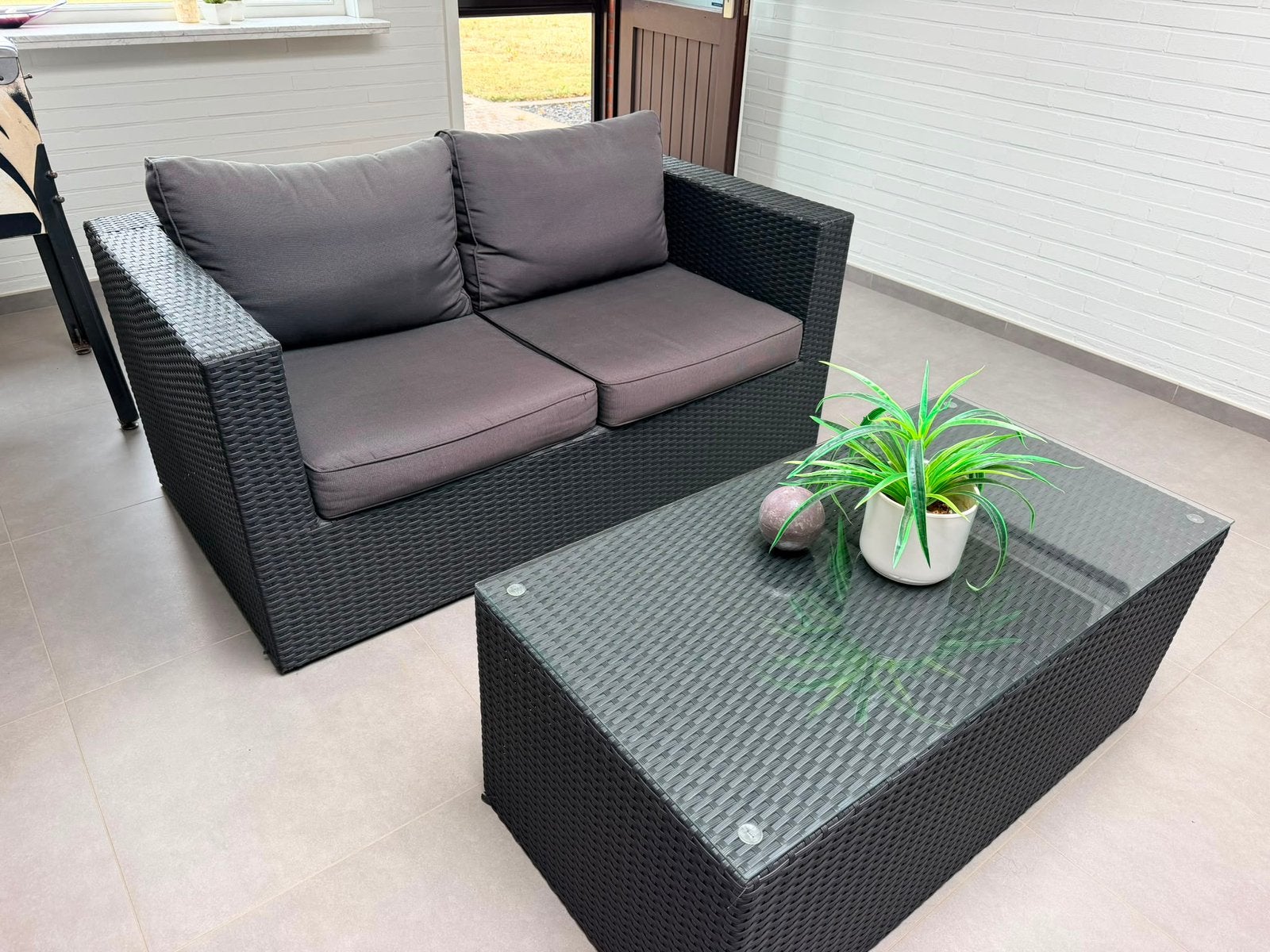 Fun Lodge loungeset wicker – 4 personen – tafel + kussens, Jardin & Terrasse, Ensembles de jardin, Utilisé, Sets de jardin, Osier