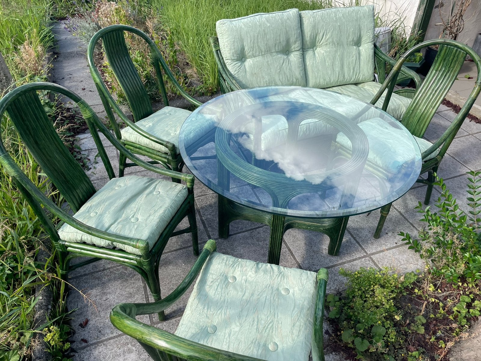 Ensemble de jardin en rotin vert, Rotin, Salons de jardin, Comme neuf, Table d'appoint