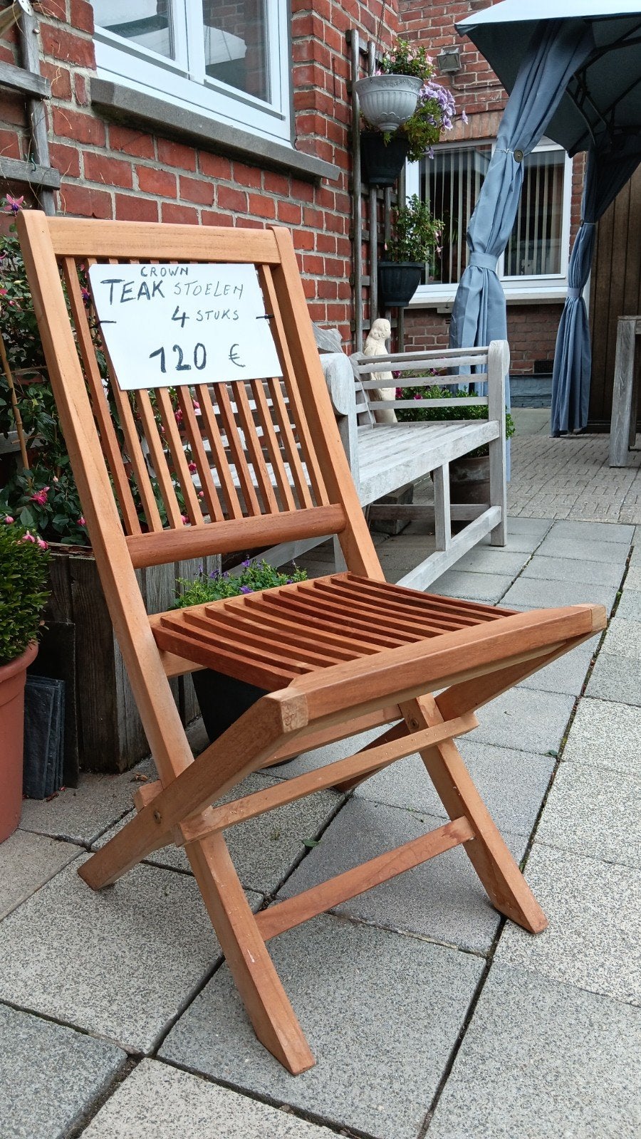 4  Teaken tuinstoelen  van merk Crown, Tuin en Terras, Ophalen, Zo goed als nieuw, Hout, Inklapbaar