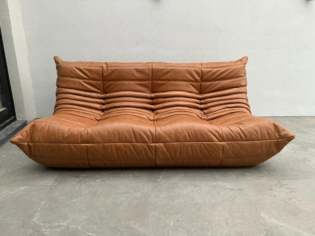 Vintage Cognac lederen 3zit Nog als nieuw!, Huis en Inrichting, Ophalen of Verzenden, Cassina sede b&b italia togo mah jong ligne roset knoll vitra