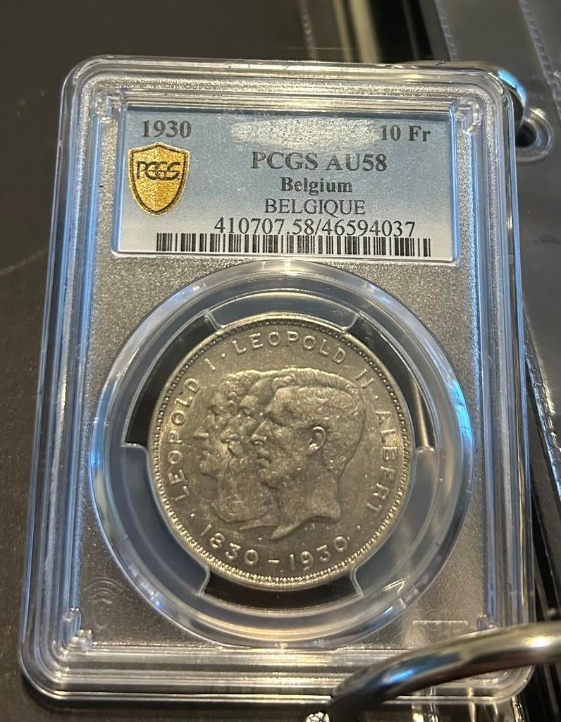 10 francs / 2 belga 1930frans  B slag PCGS AU58 stempelglans, Postzegels en Munten, Ophalen of Verzenden