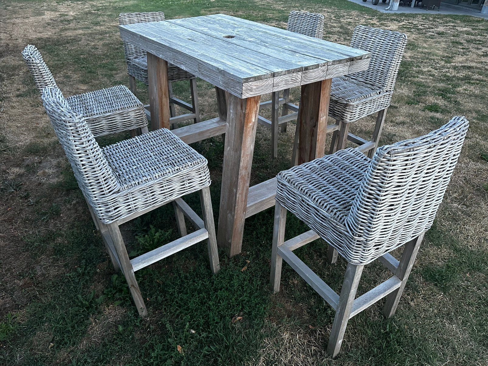 Tuinset hoge tafel met barkrukken, Ophalen, Gebruikt, 6 zitplaatsen, Teakhout