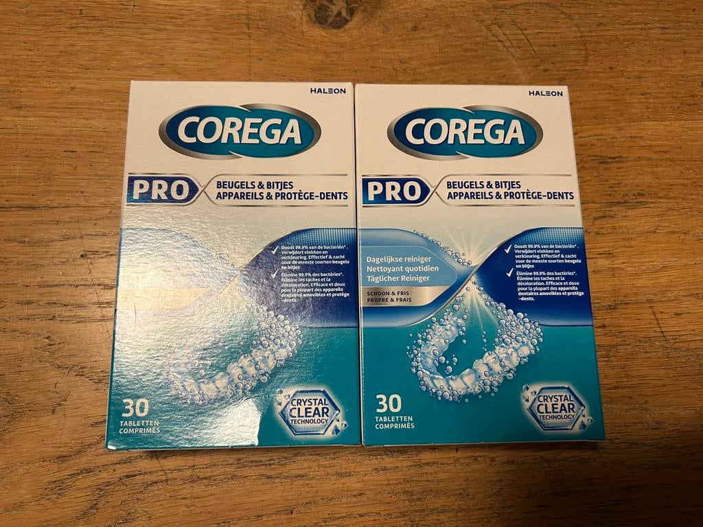 Corega Pro beugels & bitjes 30 tabletten 2 dozen nieuw, Handtassen en Accessoires, Uiterlijk | Mondverzorging, Ophalen of Verzenden