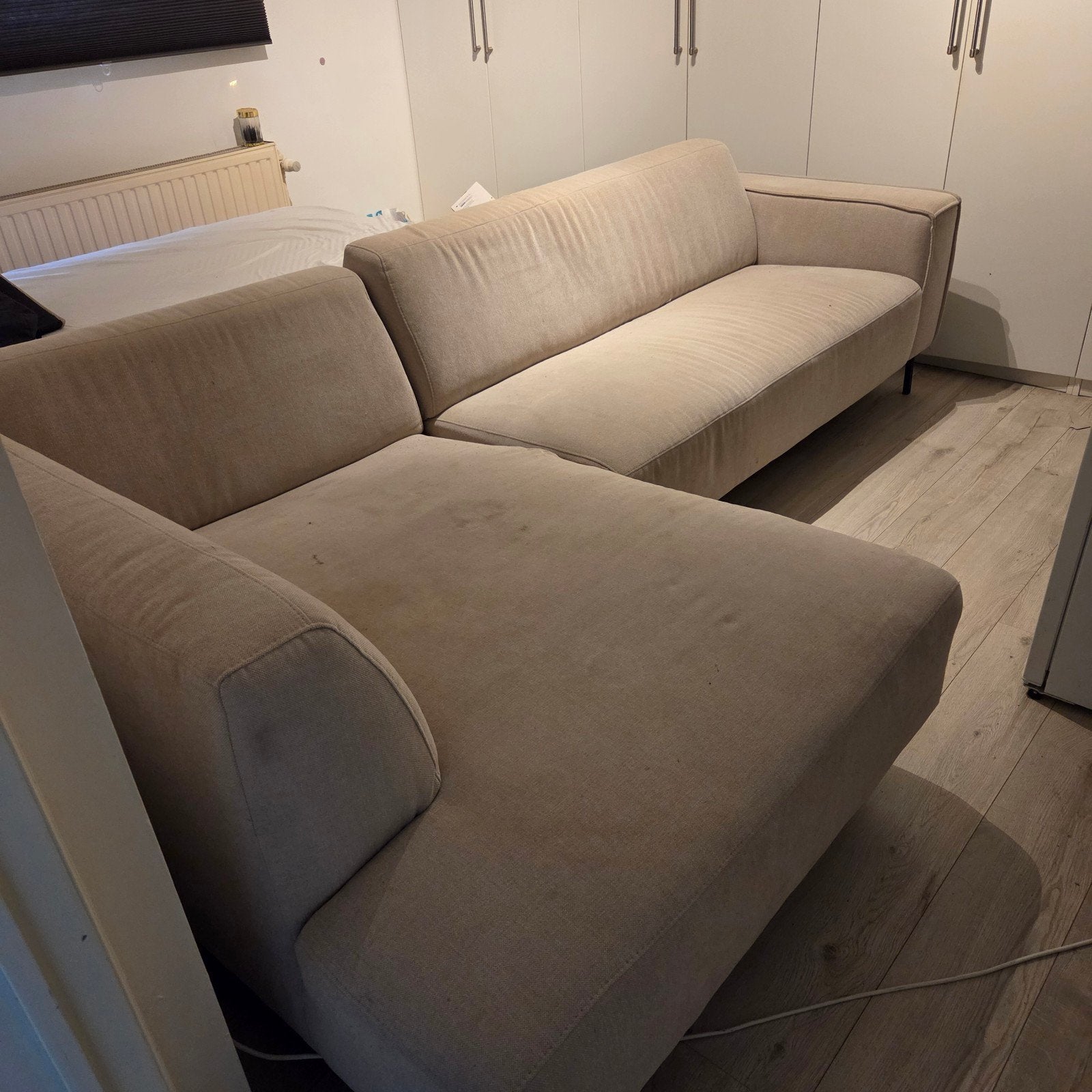 Canapé d'angle en tissu beige avec chaise longue GRATUIT, Enlèvement, Tissus