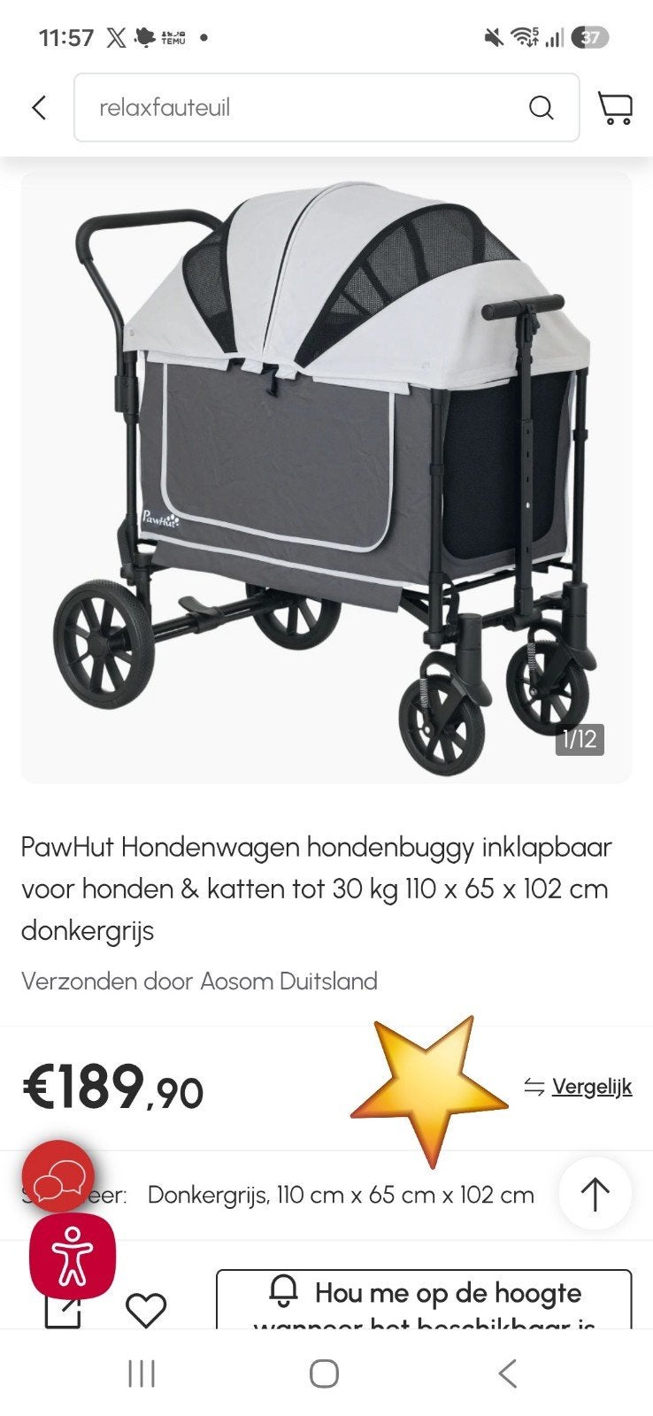 Nieuw‼️Pawhut Hondenbuggy tot 30kg D00-211V00CG, Ophalen, Opvouwbaar, Nieuw