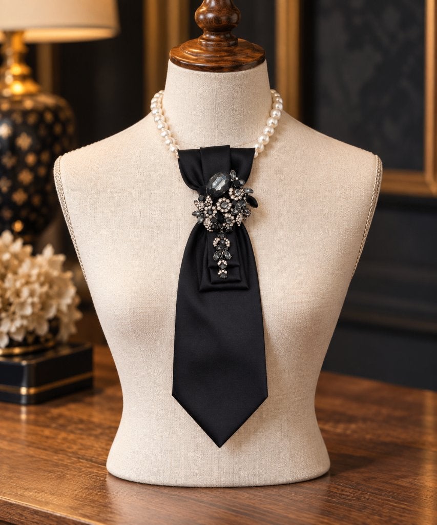 Luxe stropdas ketting met broche – uniek dames mode sieraad, Handtassen en Accessoires, Verzenden, Zo goed als nieuw, Zwart, Overige materialen