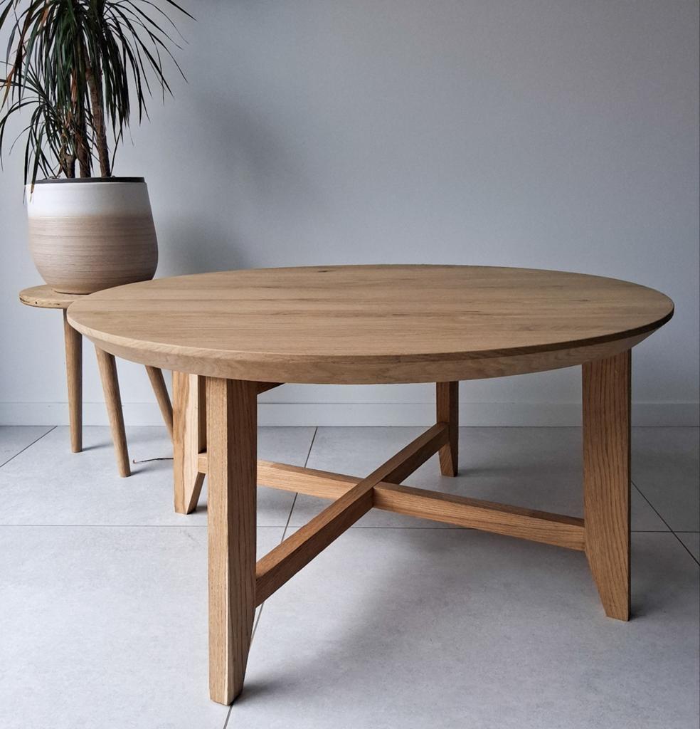 Grote massief eiken salontafel diameter 90 cm., Huis en Inrichting, Tafels | Salontafels, Ophalen of Verzenden, Eikenhout