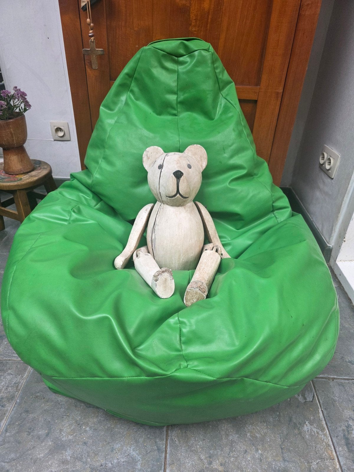 Pouf vert vintage avec fermeture éclair et bandoulière, Enlèvement, Utilisé, Vert, Pouf