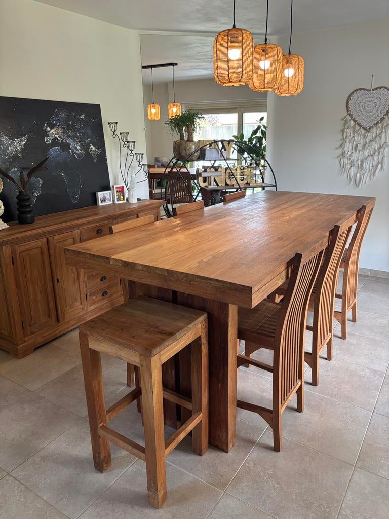 Grote hoge teak tafel en stoelen, Ophalen, Gebruikt, Landelijk, 6 tot 8 stoelen