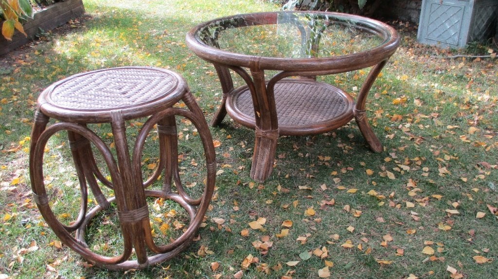 Vintage Rotan salontafel met glazen blad, Moins de 50 cm, Rond, Comme neuf, Enlèvement