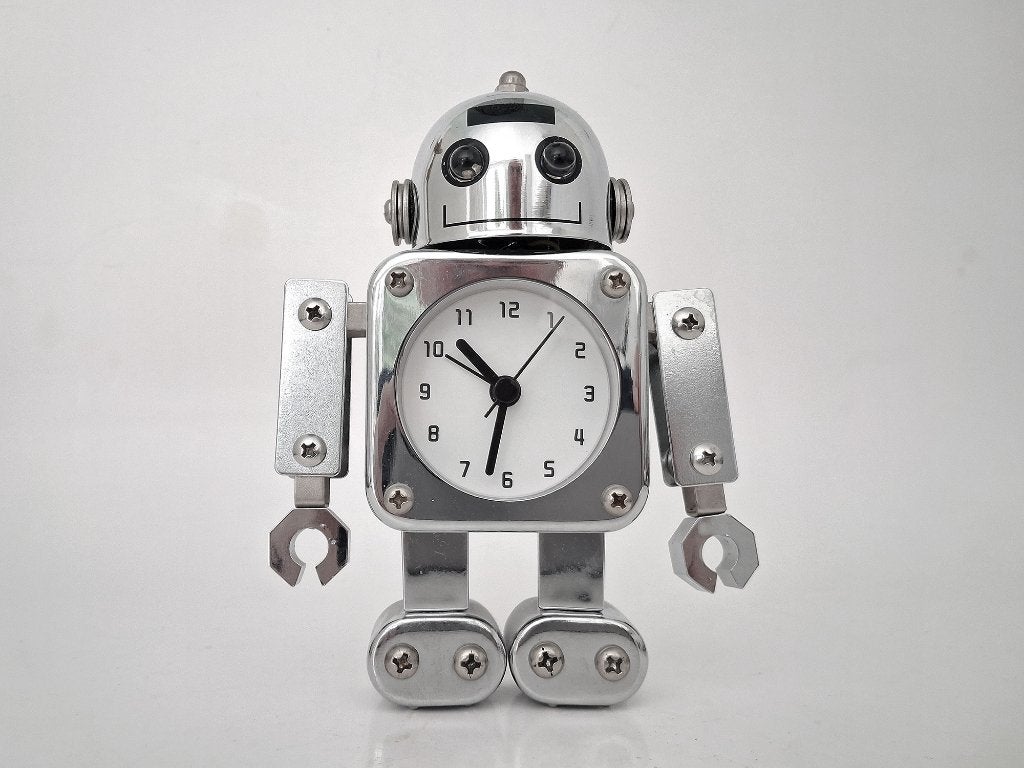 horloge robot chromée, Horloge de table, Envoi, Rétro, Argenté