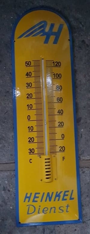 Heinkel dienst zwaar emaillen reclame thermometer retro, Ophalen of Verzenden, Zo goed als nieuw, Gebruiksvoorwerp