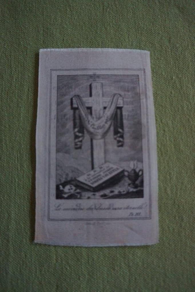 ZEER OUD doodsprentje OP ZIJDE (KNEKELPRENT), + 1844, Enlèvement ou Envoi, Image pieuse