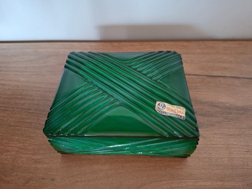 Prachtige Art Deco Bohemia Malachietglazen Doosje, Ophalen of Verzenden