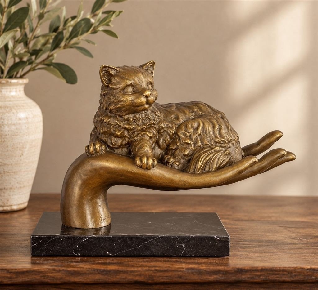 bronzen poes op marmeren console, Ophalen of Verzenden, Beeld