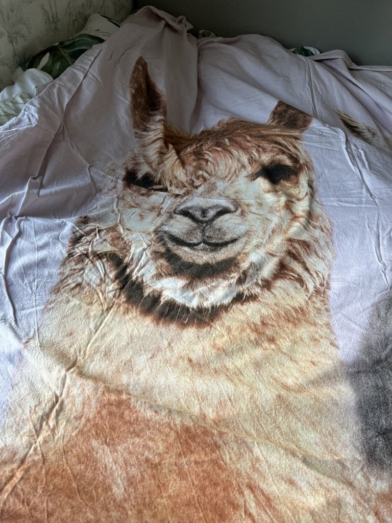 dekbed met tekeningen van lama, Huis en Inrichting, Slaapkamer | Beddengoed, Ophalen, Zo goed als nieuw, Dekbedovertrek