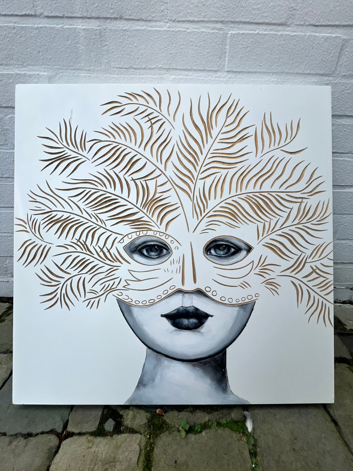 3D Paulownia Houten Paneel "Venetiaans Masker"60x60, Ophalen, Hout, Handgeschilderd, Portret