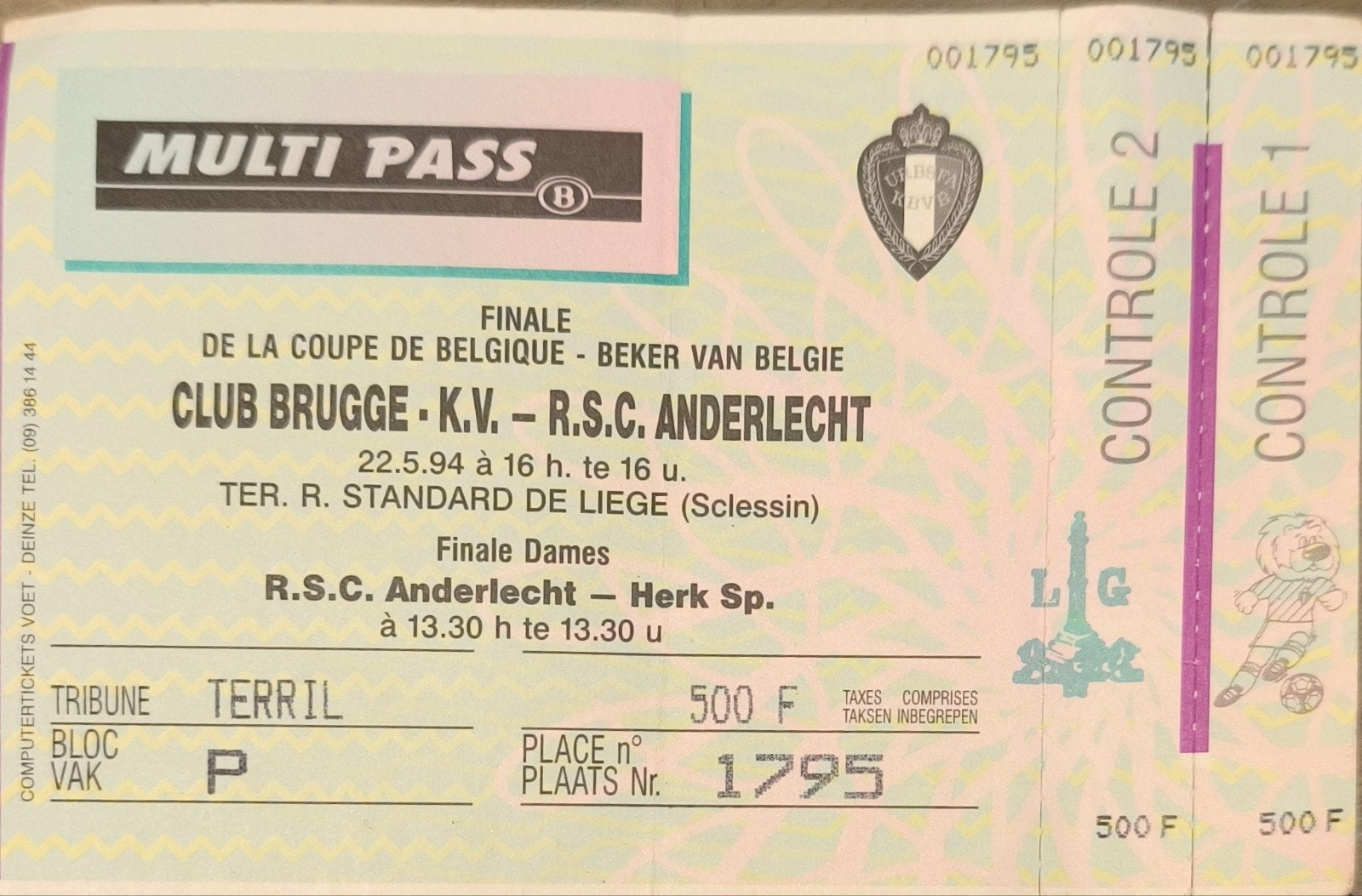ticket coupe de Belgique 1994 Club Brugge RSC Anderlecht, Tickets en Kaartjes