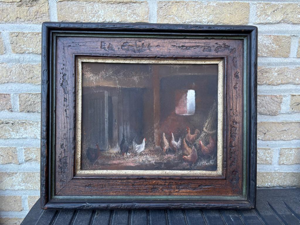 Schilderij kippen in het kippenhok - gesigneerd, Ophalen of Verzenden