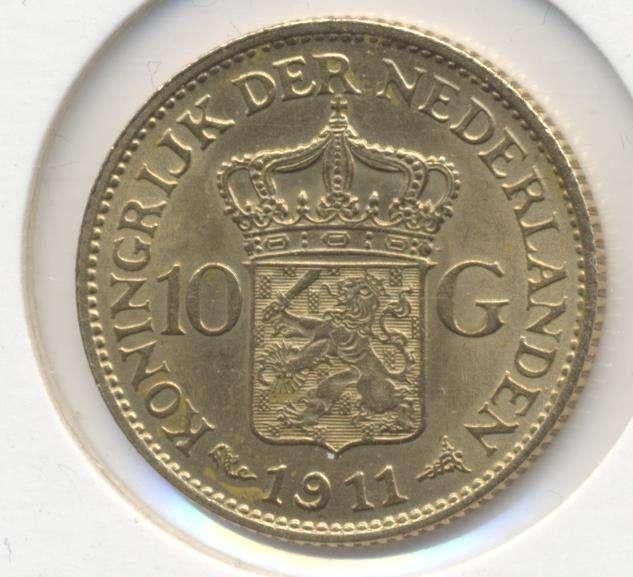 Nederland 10 Gulden 1911 Wilhelmina, Postzegels en Munten, Ophalen of Verzenden, Goud