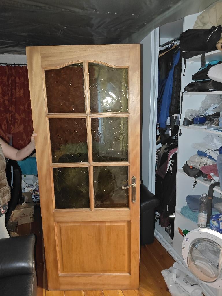 Eiken deur met gekleurd glas, Doe-het-zelf en Bouw, Deuren en Vliegenramen, Ophalen, 80 tot 100 cm, Binnendeur, Zo goed als nieuw
