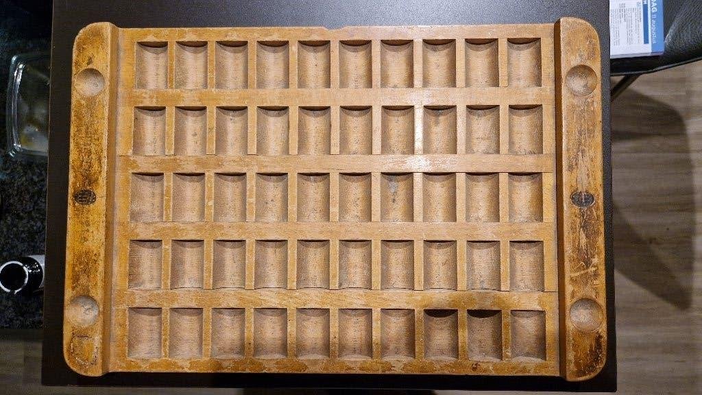 Antieke houten muntentelbak voor 5FR van Vermeulen Roeselare, Ophalen of Verzenden, Overig, Losse munt