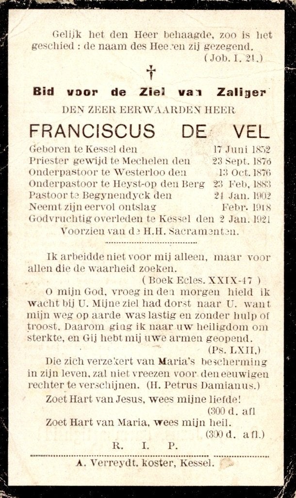 Priester. De Vel Franciscus. ° Kessel 1852 † Kessel 1921, Collections, Enlèvement ou Envoi, Image pieuse
