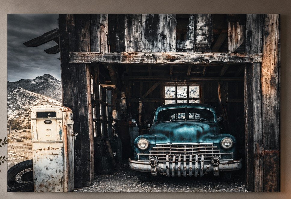 Tableau en verre Voiture avec garage vintage, Enlèvement, Verre