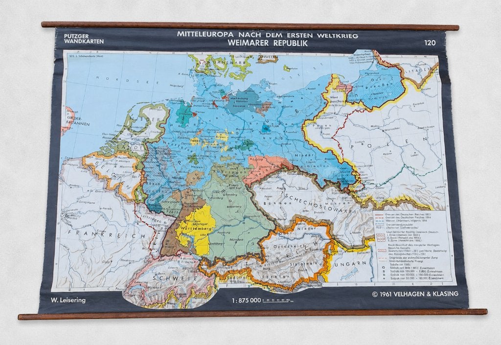 Prachtige Vintage Schoolwandkaart (1961) - Weimarer Republik, Ophalen of Verzenden