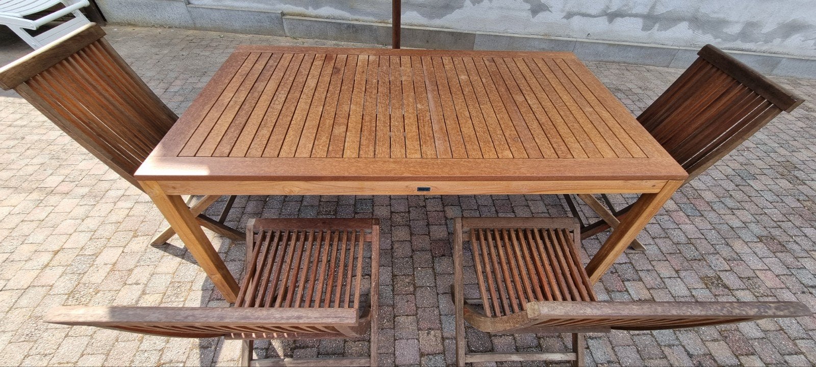 Bristol Table + 4 chaises en teak neuves.
Table valeur neuve, Jardin & Terrasse, Enlèvement, Bois