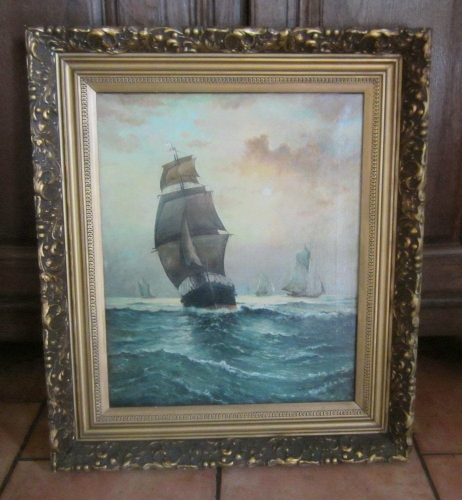 Antieke olieverf schilderij op doek: Marine, boten; 1933, Antiek en Kunst, Kunst | Schilderijen | Klassiek, Ophalen, Maritiem / water