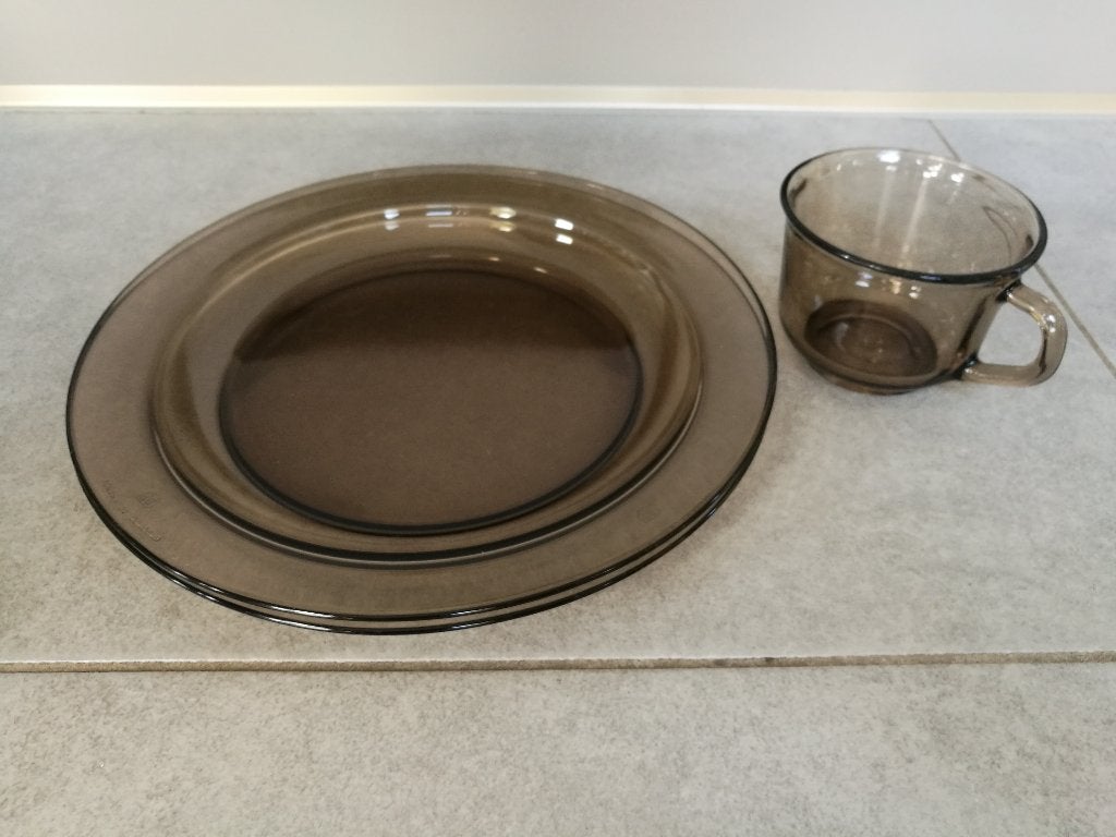 2 glazen borden & 1 tas (BP), Ophalen of Verzenden, Gebruikt, Glas, Bord(en)