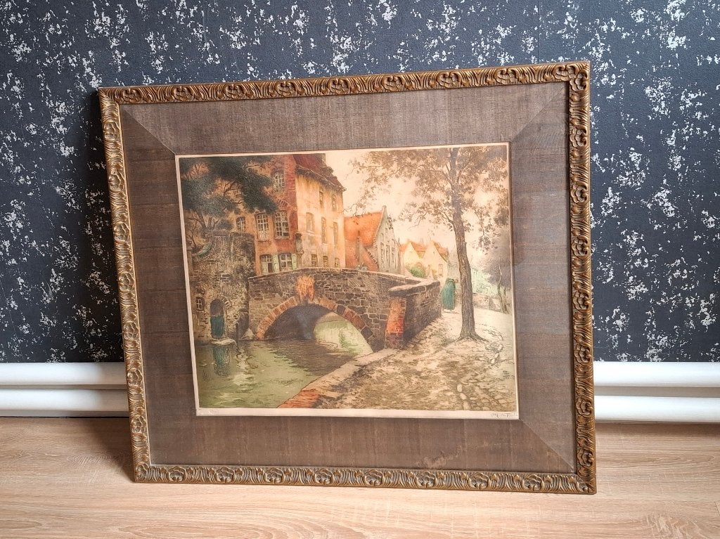 Prachtige Gekleurde Ets Brugge-Alfred Van Neste, Antiek en Kunst, Ophalen, 73 cm, Ingelijst, Ets