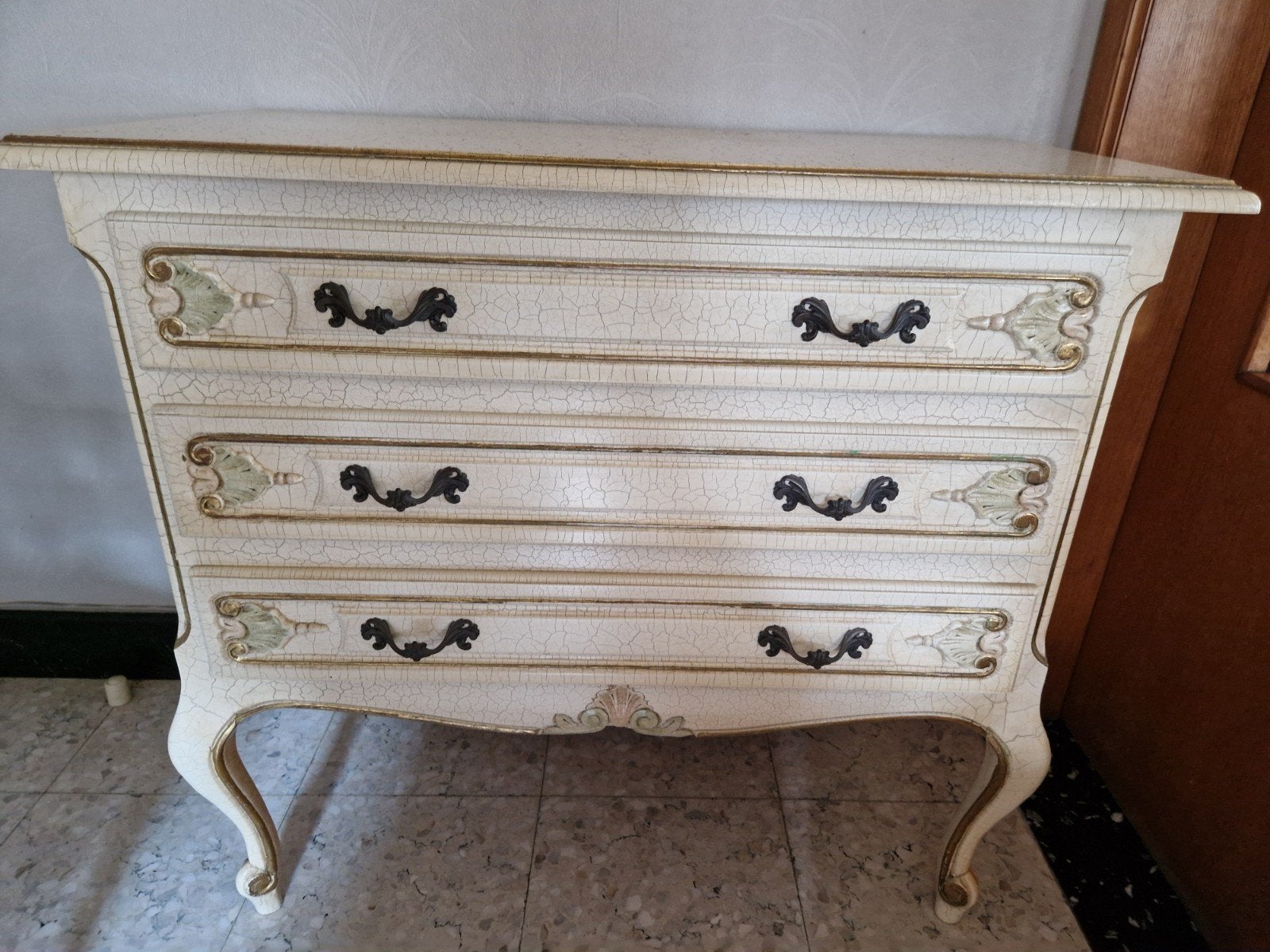Brocante ladekast/commode, crèmekleurig met craquelé effect, Enlèvement